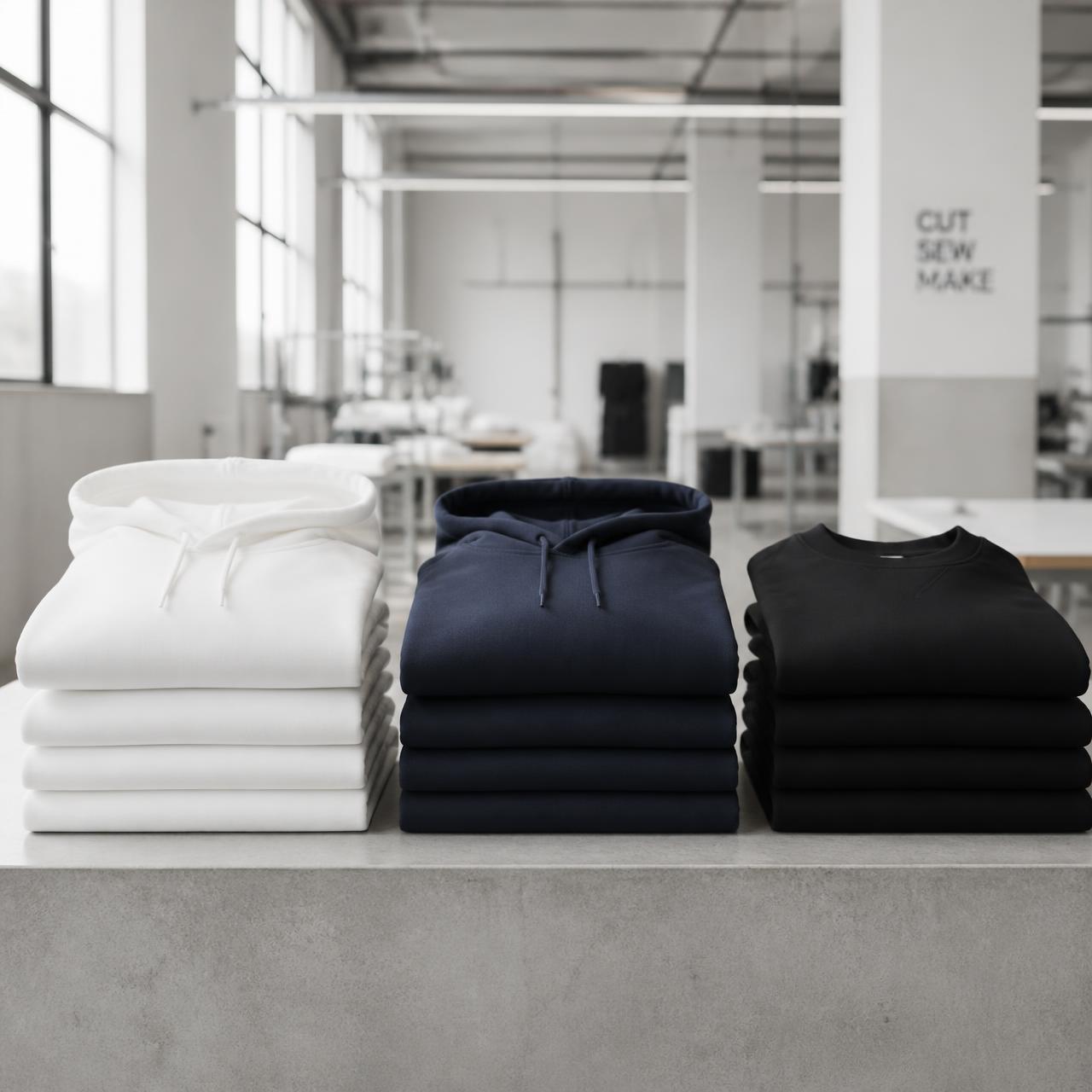 Stacks of blank white, navy and black hoodies and sweatshirts in the MLC production facility