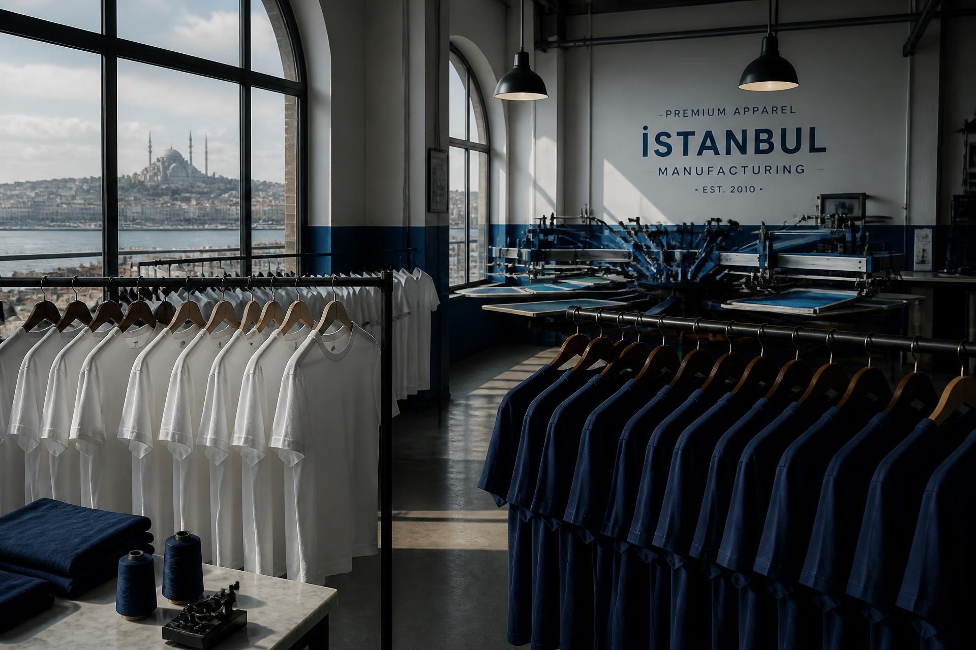 MLC clothing manufacturing atelier in Istanbul with garment racks and a screen printing press